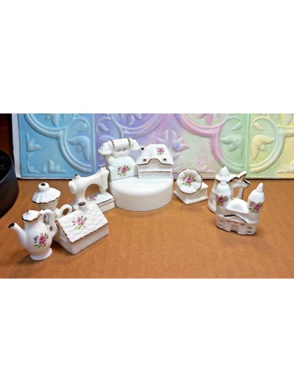 9pc White Ceramic Miniatures Set Pink Rose Accents & Gold Trim U69a